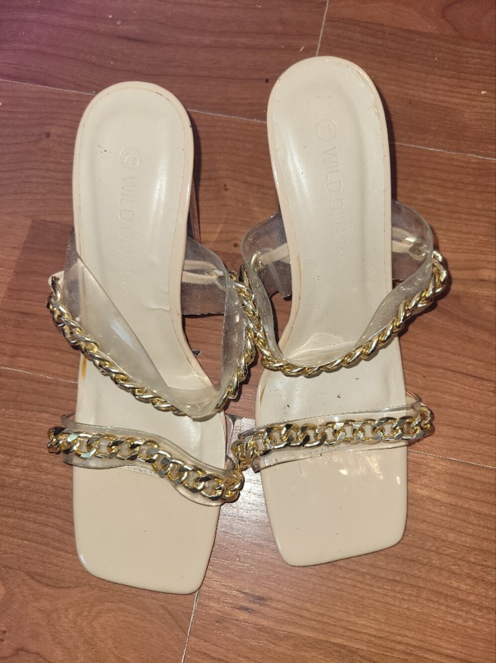 Wild Diva Clear Strap Sandals with Gold Chain Accent - Cream